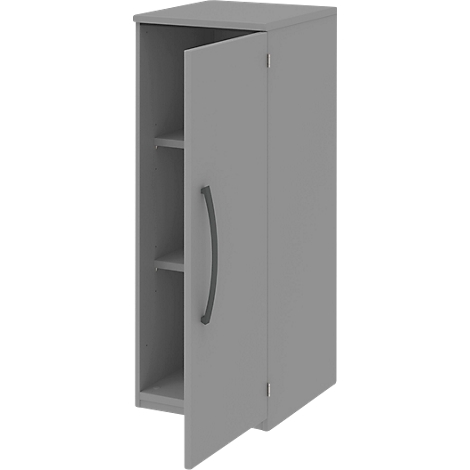 Grey open cabinet with two shelves. The handle is dark, the door half open.