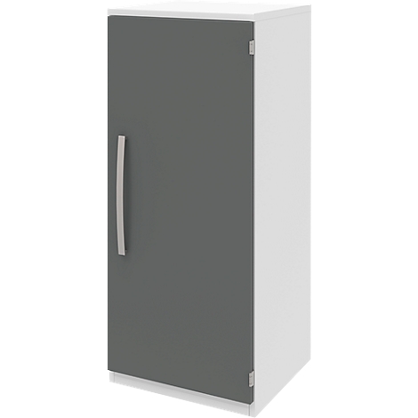 A white cabinet with a gray door. Handle and hinges silver. Close-up shots.