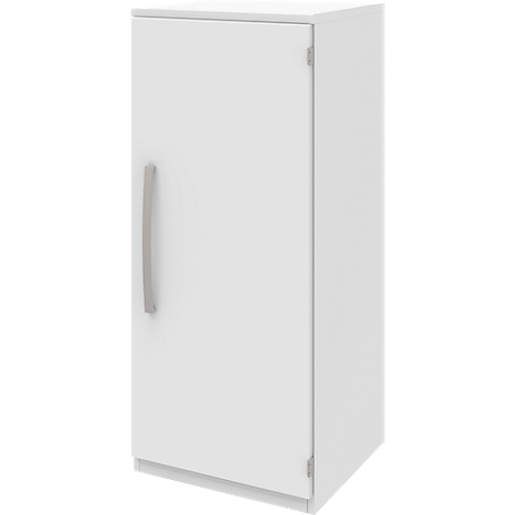 A white cabinet with a silver handle on the door. The cabinet is rectangular and has a smooth surface.
