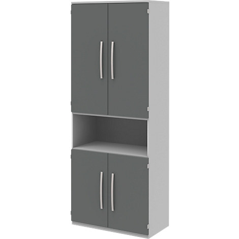 Tall cabinet in grey and white with doors and handles.