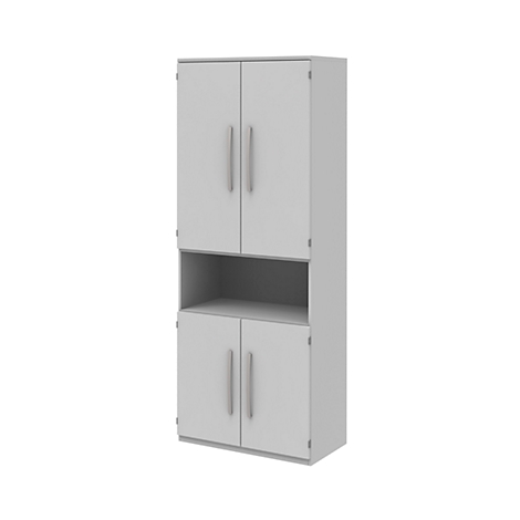 A grey cabinet with four doors, an open niche, and silver handles.