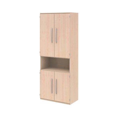 Tall wooden cabinet with doors and an open compartment. Metal handles on the doors. The background is white.