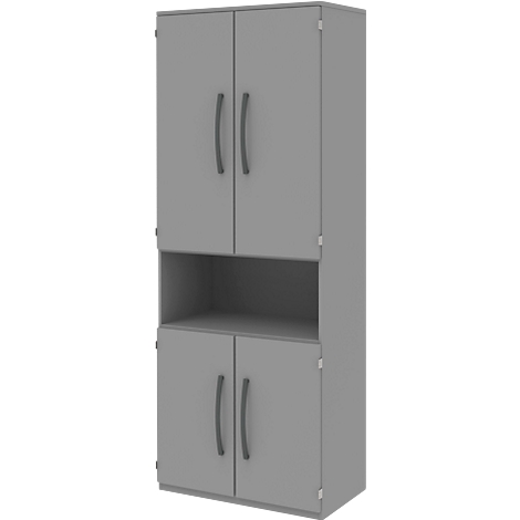 Gray cabinet with two doors above and below, an open compartment in between. Dark gray handles.