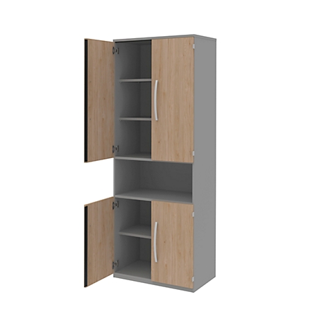 A gray cabinet with two doors, opened. The doors are made of wood with a wood grain, the handles are silver.