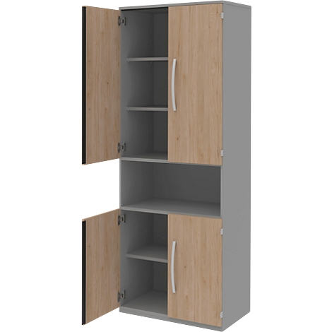 Gray cabinet with wood-look doors, doors open, shelving visible.