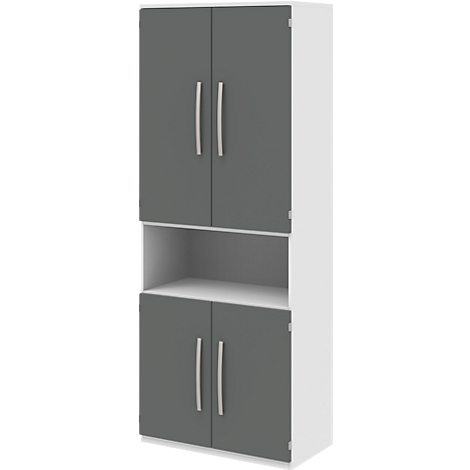 Tall cabinet with gray doors and open shelves.