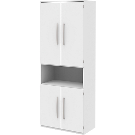 White cabinet with two doors at the top and bottom, with an open compartment in between. Metal handles.