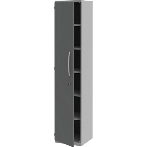 Gray cabinet with open door. Interior with several shelves.