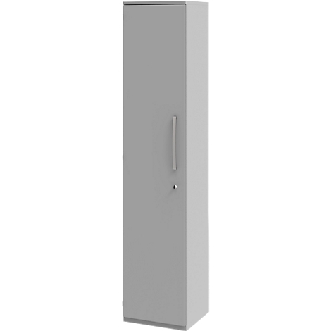 Gray cabinet with door, handle and keyhole. Vertical shot.