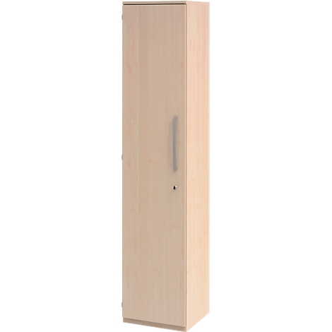 Tall wooden cabinet with door, handle, and lock. The wood grain is visible.