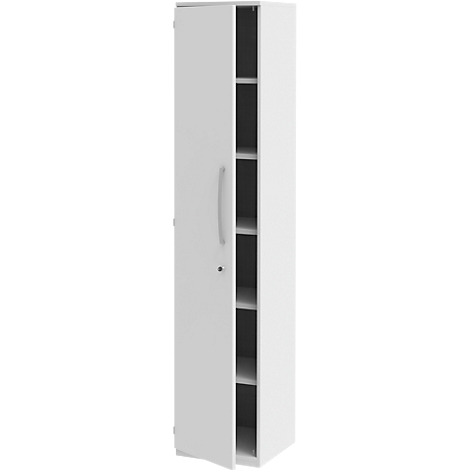 White cabinet with open door and shelves.