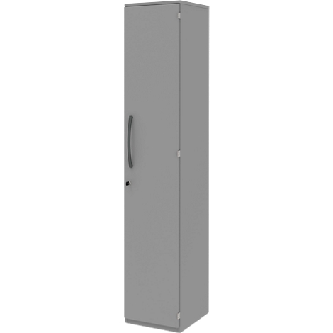 Gray, tall cabinet with door and handle.