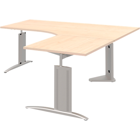 An adjustable corner desk. Light brown table top on silver columns.