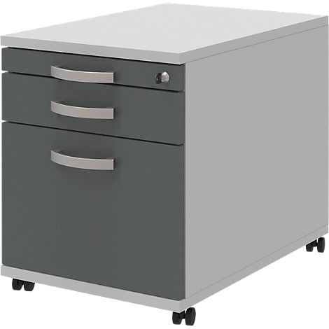 Gray and white rolling cabinet with three drawers and silver handles. It stands on wheels.