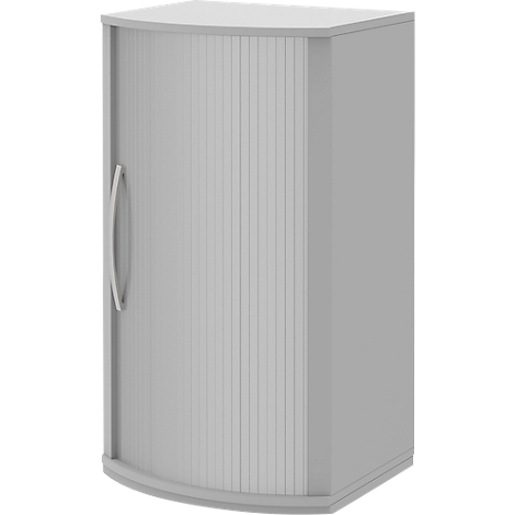 A gray corner cabinet with a roller shutter and handle.