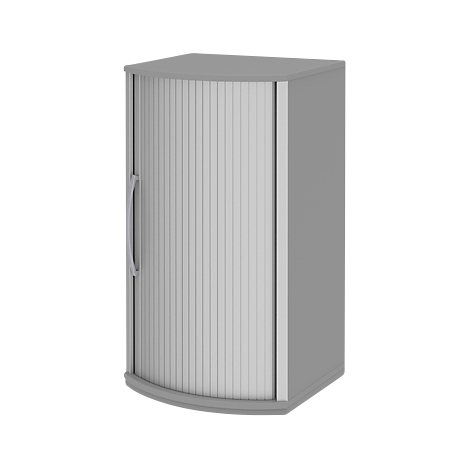 Grey corner cabinet with ribbed sliding door, handle on the left.