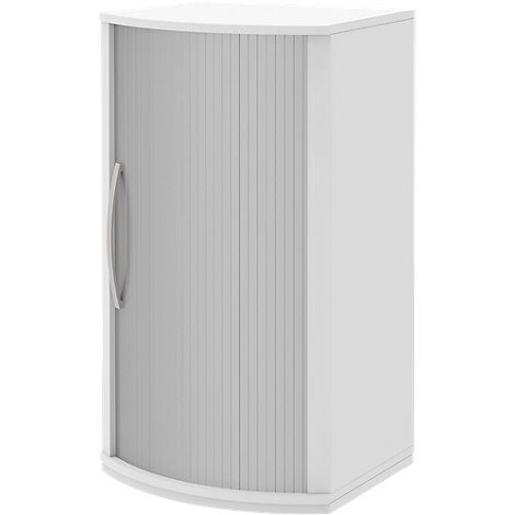 White corner cabinet with a tambour door and silver handle. The cabinet has rounded edges and is set against a white background.