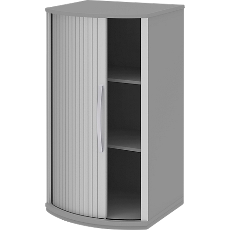 Gray corner cabinet with slatted door and handle. 2 shelves visible inside.