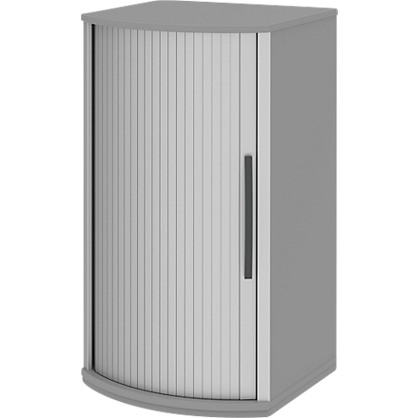 Grey corner cabinet with slatted door and handle.