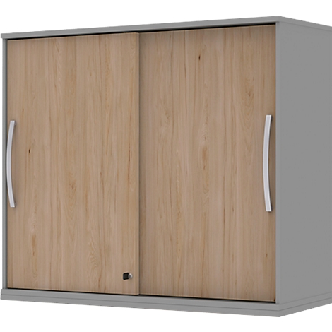 Gray cabinet with wood-look sliding doors and curved handles.