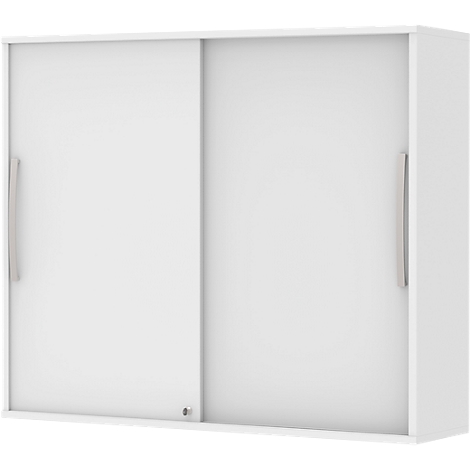 White sliding door wardrobe with two doors and silver handles.