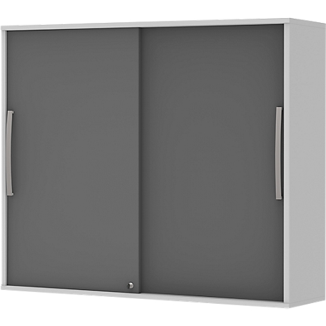 White cabinet with grey sliding doors and silver handles.