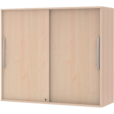 Wall cabinet with two sliding doors, wood look, silver handles.