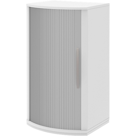 White corner cabinet with slatted front and handle.