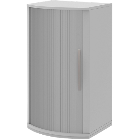 Gray corner cabinet with roll front and handle. The cabinet stands against a light background.
