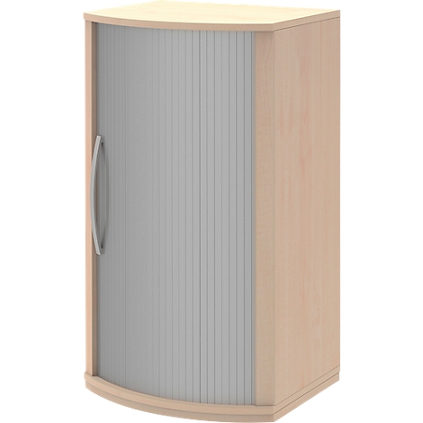 A rounded wooden cabinet with a silver slatted door and handle.