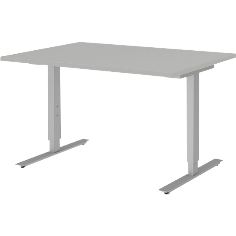 Grey, height-adjustable desk with rectangular tabletop and two legs.