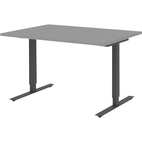 Gray height-adjustable desk with dark legs, against a white background.