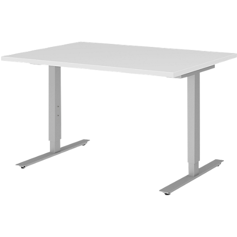White rectangular desk, on grey-silver, height-adjustable table legs.