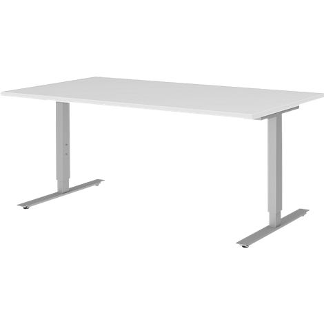 White height-adjustable desk with gray legs against a white background.