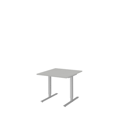 Square, grey standing desk with two legs on a white background.
