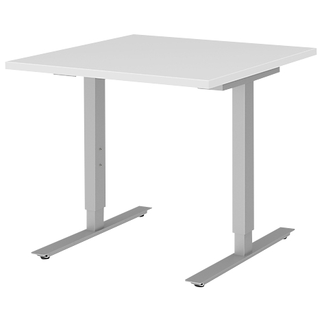 A white, square standing desk with gray, height-adjustable legs.