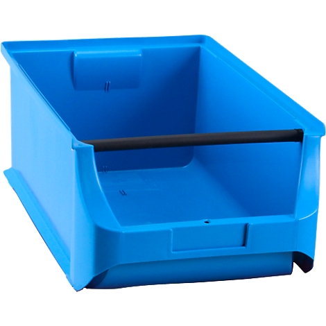 Bac de stockage bleu ouvert en plastique avec une barre transversale noire sur fond blanc.