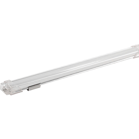 Un luminaire LED transparent avec des supports de couleur argentée, légèrement incliné dans l'image.