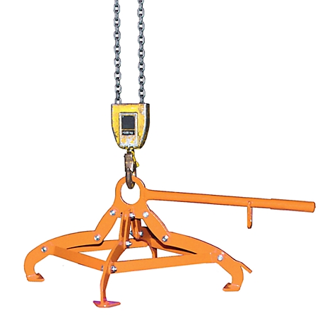 Orange lifting claw suspended from a chain. The claw has four gripping arms and a long handle.