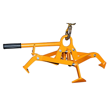 Orange precision lifting grab, with black handle, suspended from a hook.