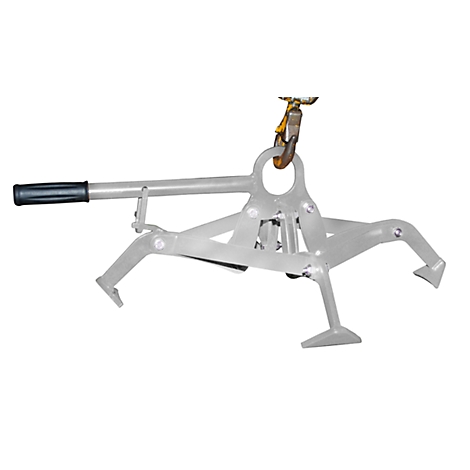 Metal gripper with handle, attached to a hook.