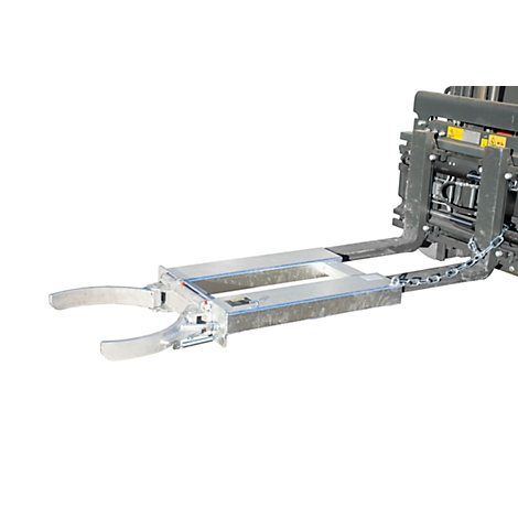 A forklift attachment. The attachment has two gripping arms connected by a chain.