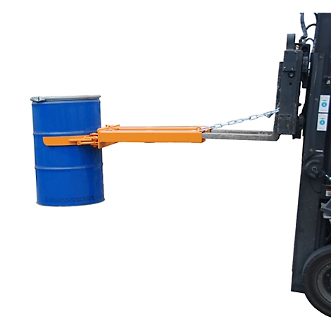 Blue barrel lifter on a forklift, lifting a blue barrel.