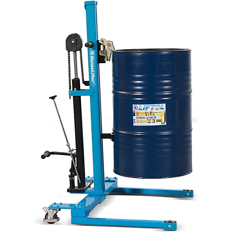 Blue barrel on a lifting platform. The barrel has a blue body and stands on a blue lifting platform with wheels.
