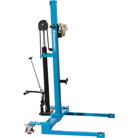 Blue chain lift with wheels and lever on a white background. Label: "HanseLifter".
