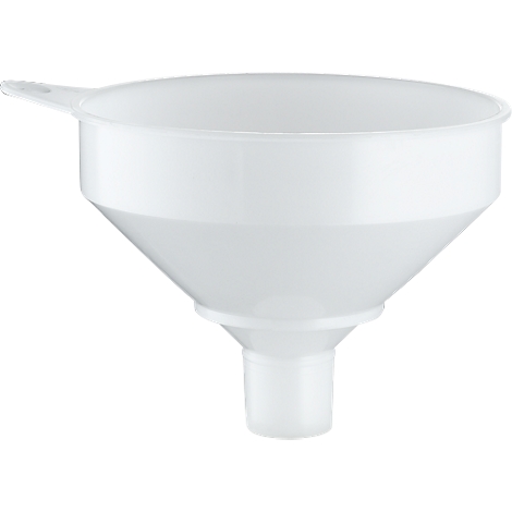 White funnel with handle, perspective view.