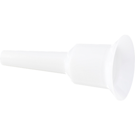 White plastic funnel with long, cylindrical neck and wide, conical mouth.