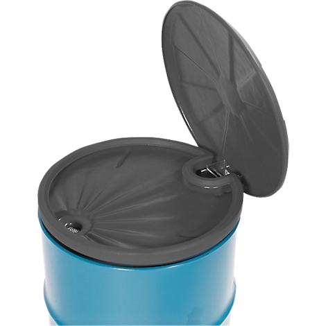 Blue-turquoise trash can with open gray lid. The lid has a round shape with radial struts.