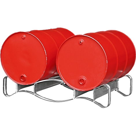 Two red barrels on a metal rack. The barrels are cylindrical, shiny red, with lids and recesses. The rack is made of metal.