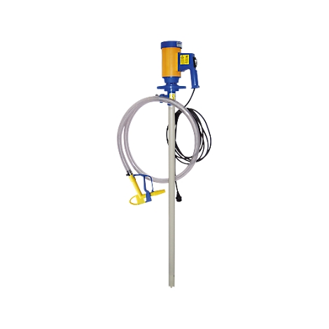 Yellow and blue barrel pump on stand, hose, cable, plug, against a white background.